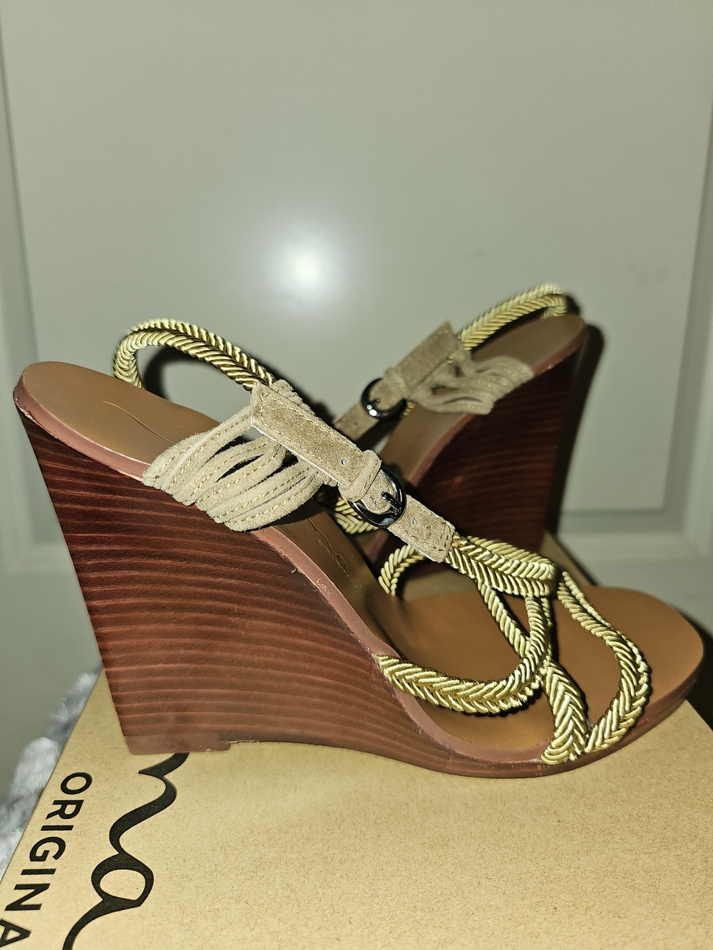 Nina Beige Suede Wedge Sandals with Gold Rope Straps